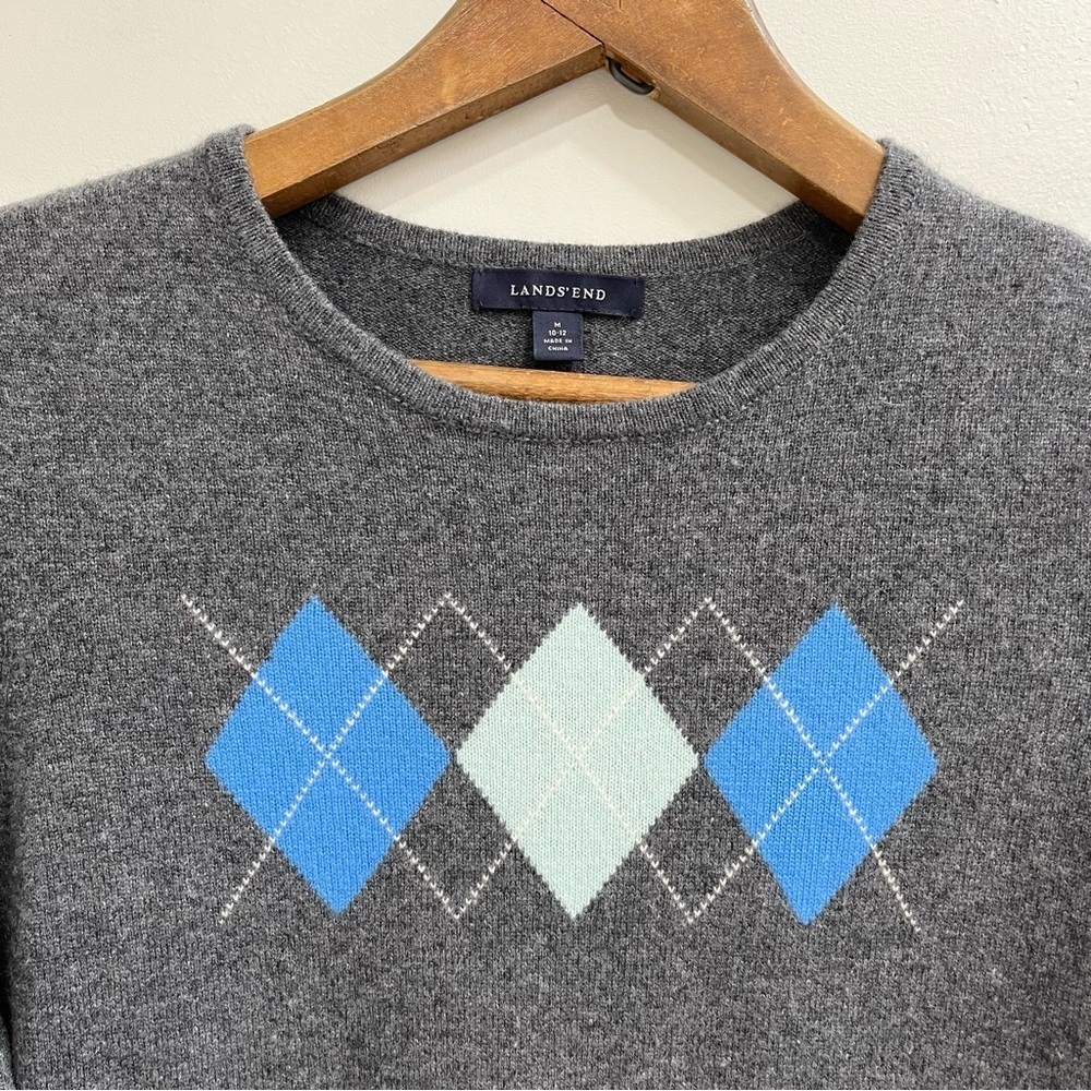 Lands End Argyle 100% Cashmere Crew Neck Women’s Sweater Gray Blue M 10-12 - Picture 3 of 6